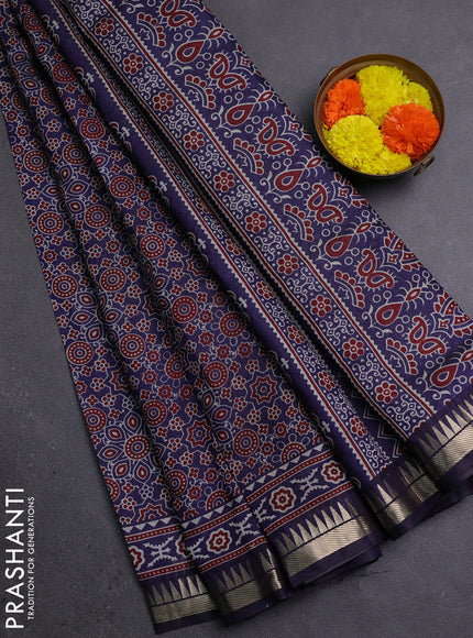 Semi maheshwari cotton saree blue with allover ajrakh prints and zari woven border