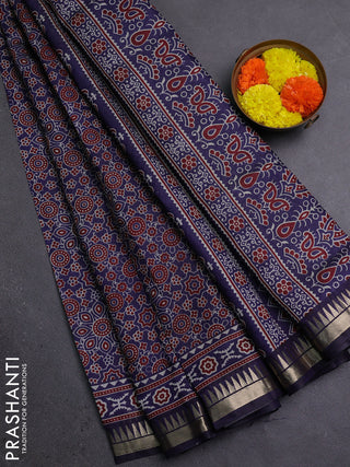 Semi maheshwari cotton saree blue with allover ajrakh prints and zari woven border