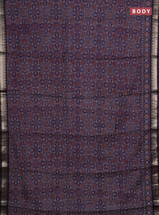 Semi maheshwari cotton saree blue with allover ajrakh prints and zari woven border