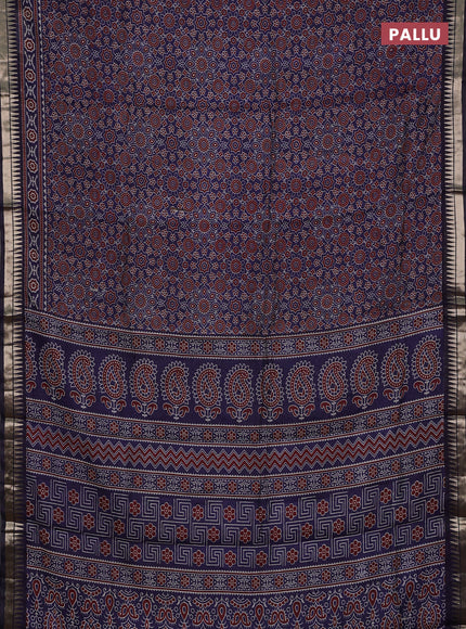 Semi maheshwari cotton saree blue with allover ajrakh prints and zari woven border