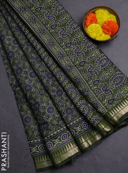 Semi maheshwari cotton saree sap green with allover ajrakh prints and zari woven border