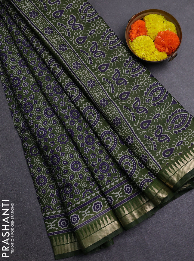 Semi maheshwari cotton saree sap green with allover ajrakh prints and zari woven border