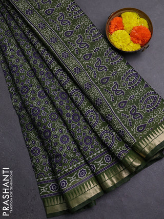 Semi maheshwari cotton saree sap green with allover ajrakh prints and zari woven border
