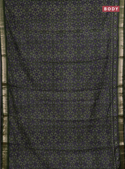 Semi maheshwari cotton saree sap green with allover ajrakh prints and zari woven border