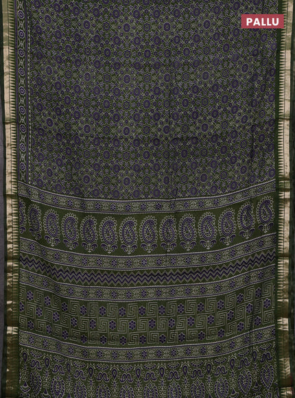 Semi maheshwari cotton saree sap green with allover ajrakh prints and zari woven border