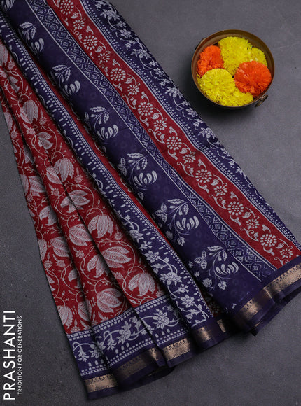 Semi maheshwari cotton saree maroon and navy blue with allover prints and zari woven border