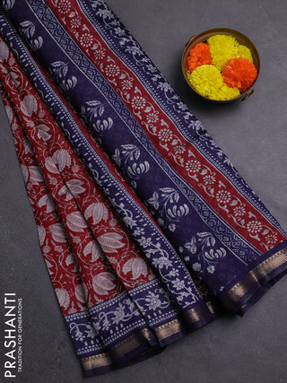 Semi maheshwari cotton saree maroon and navy blue with allover prints and zari woven border