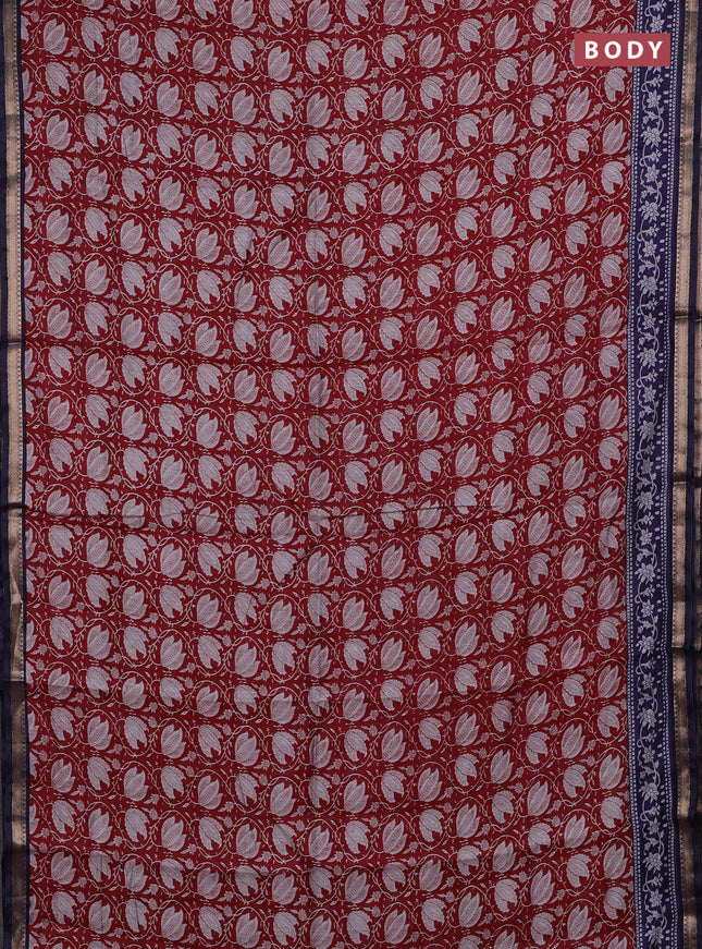 Semi maheshwari cotton saree maroon and navy blue with allover prints and zari woven border