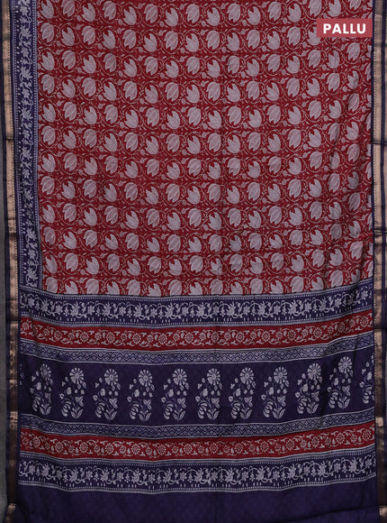 Semi maheshwari cotton saree maroon and navy blue with allover prints and zari woven border