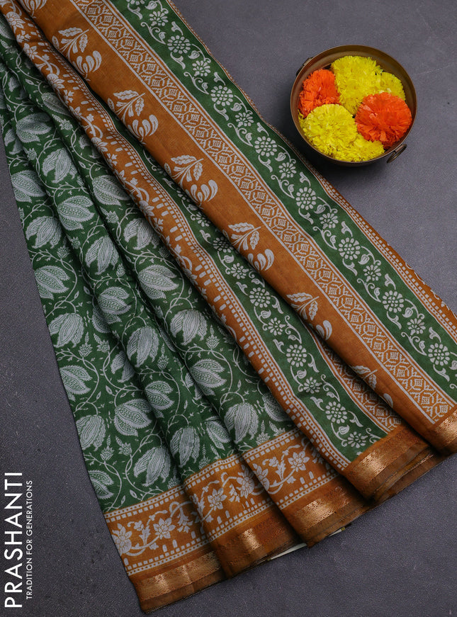 Semi maheshwari cotton saree green and mustard yellow with allover prints and zari woven border