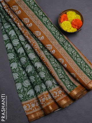 Semi maheshwari cotton saree green and mustard yellow with allover prints and zari woven border