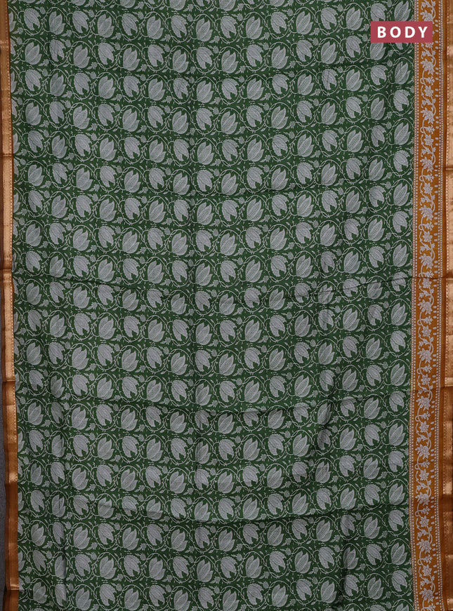 Semi maheshwari cotton saree green and mustard yellow with allover prints and zari woven border