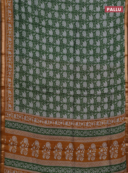 Semi maheshwari cotton saree green and mustard yellow with allover prints and zari woven border