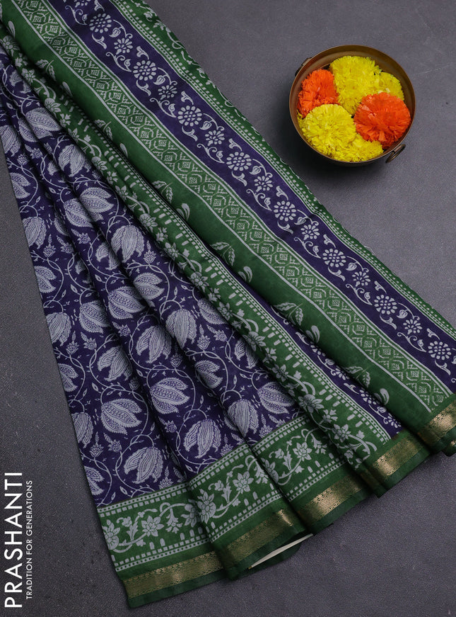 Semi maheshwari cotton saree blue and green with allover prints and zari woven border