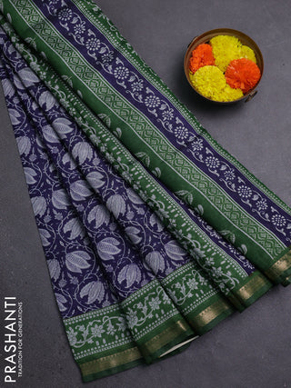 Semi maheshwari cotton saree blue and green with allover prints and zari woven border
