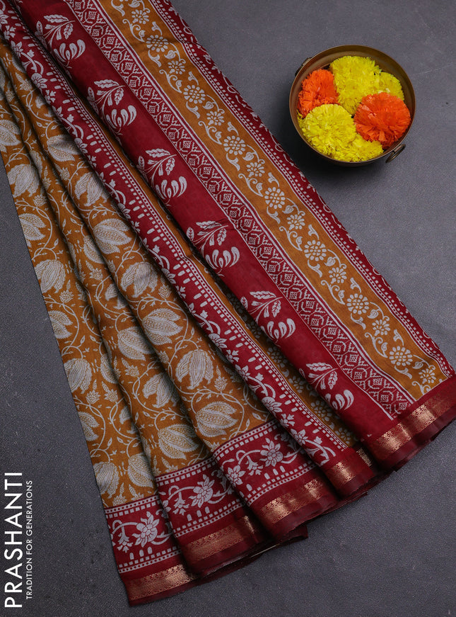 Semi maheshwari cotton saree mustard yellow and maroon with allover prints and zari woven border