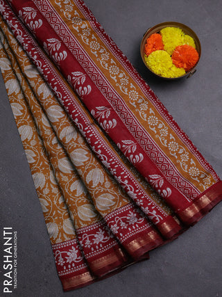 Semi maheshwari cotton saree mustard yellow and maroon with allover prints and zari woven border