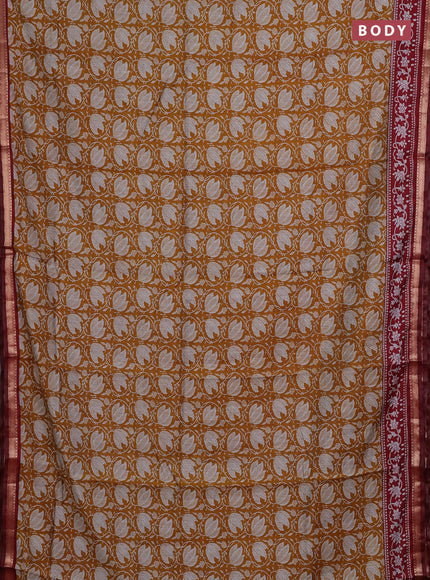 Semi maheshwari cotton saree mustard yellow and maroon with allover prints and zari woven border