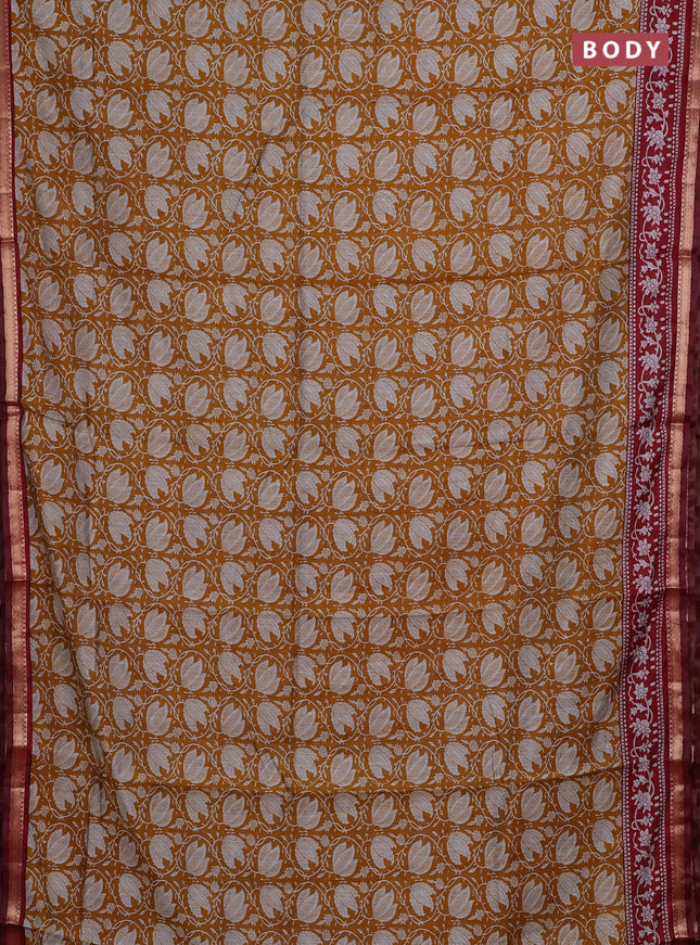 Semi maheshwari cotton saree mustard yellow and maroon with allover prints and zari woven border