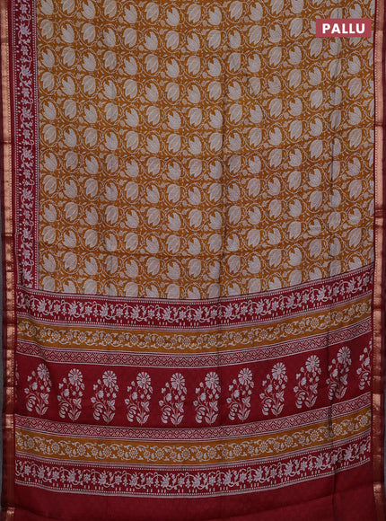 Semi maheshwari cotton saree mustard yellow and maroon with allover prints and zari woven border