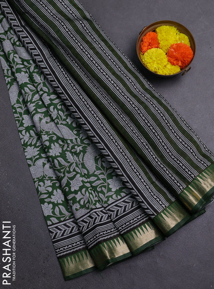 Semi maheshwari cotton saree green with allover kalamkari prints and zari woven border