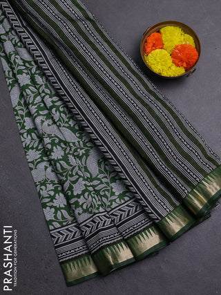 Semi maheshwari cotton saree green with allover kalamkari prints and zari woven border