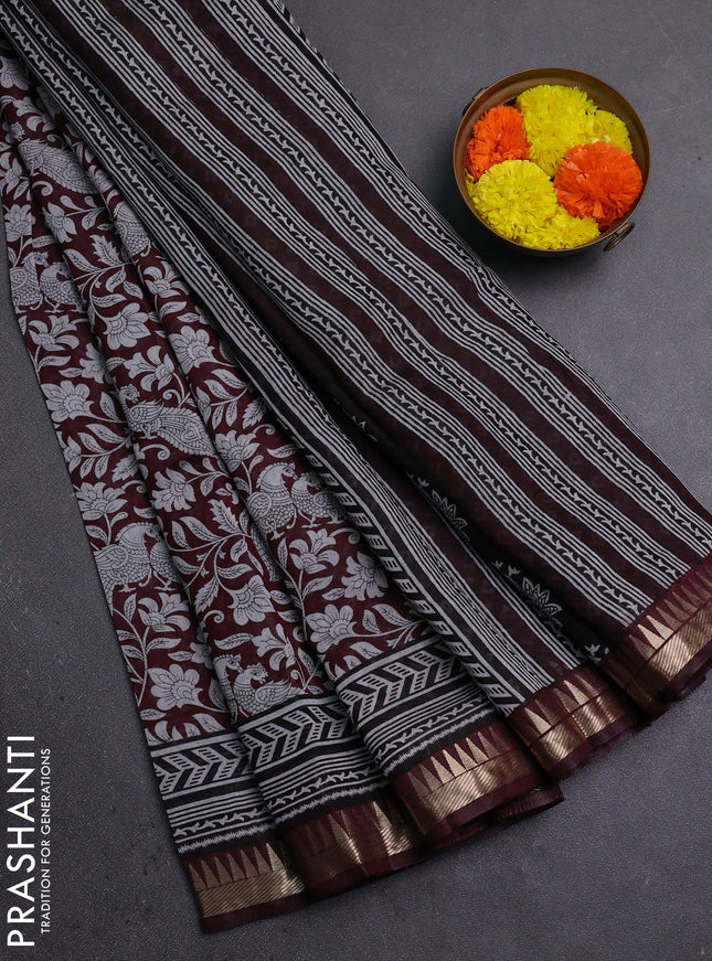 Semi maheshwari cotton saree deep maroon with allover kalamkari prints and zari woven border