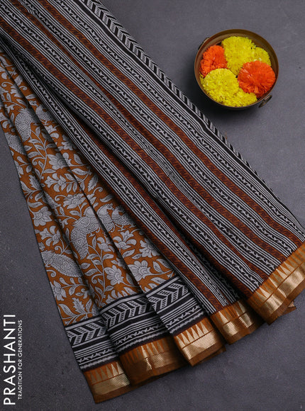 Semi maheshwari cotton saree mustard yellow with allover kalamkari prints and zari woven border