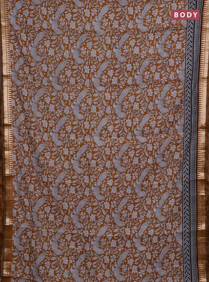 Semi maheshwari cotton saree mustard yellow with allover kalamkari prints and zari woven border