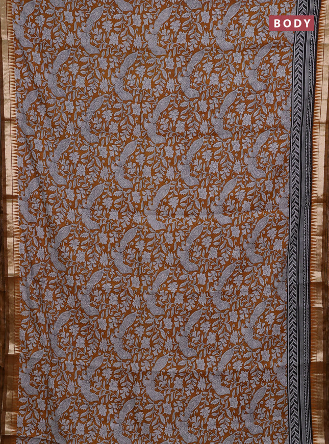 Semi maheshwari cotton saree mustard yellow with allover kalamkari prints and zari woven border