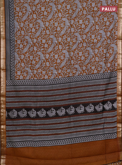 Semi maheshwari cotton saree mustard yellow with allover kalamkari prints and zari woven border