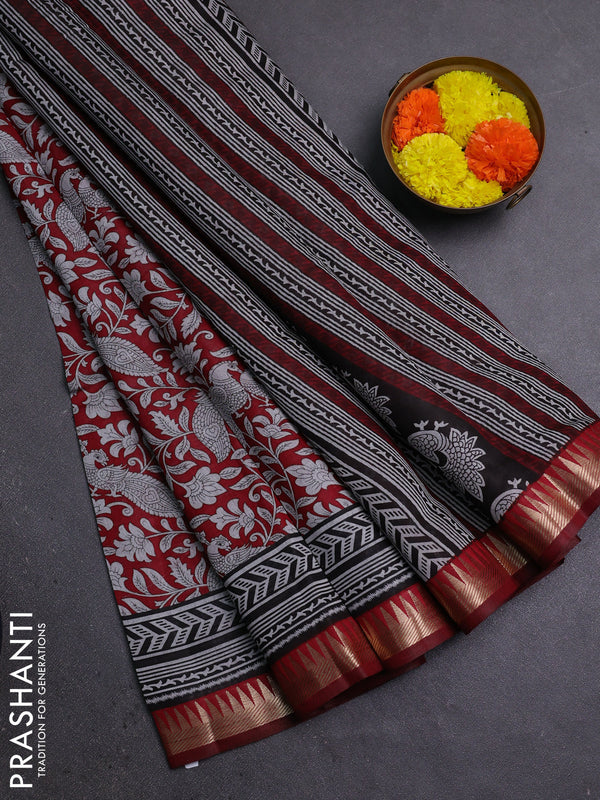 Semi maheshwari cotton saree maroon with allover kalamkari prints and zari woven border