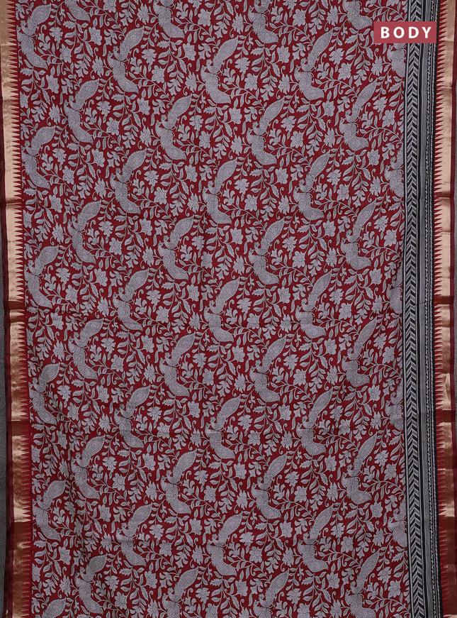 Semi maheshwari cotton saree maroon with allover kalamkari prints and zari woven border
