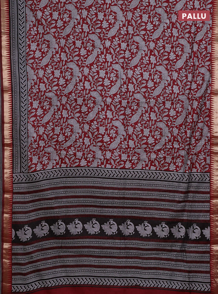 Semi maheshwari cotton saree maroon with allover kalamkari prints and zari woven border