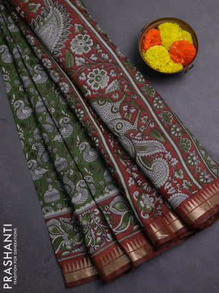 Semi maheshwari cotton saree sap green and rust shade with allover prints and zari woven border