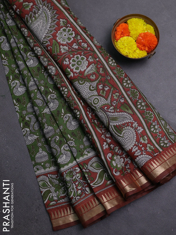 Semi maheshwari cotton saree sap green and rust shade with allover prints and zari woven border