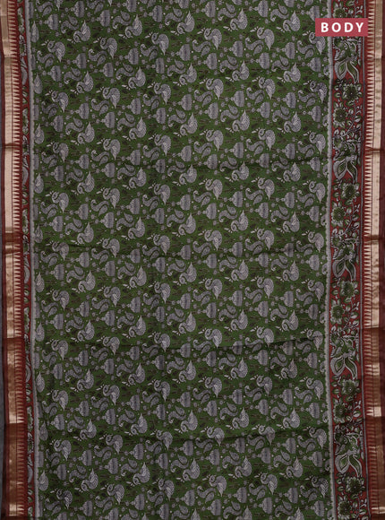 Semi maheshwari cotton saree sap green and rust shade with allover prints and zari woven border