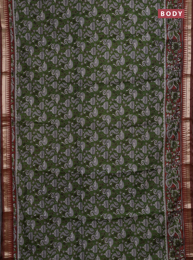 Semi maheshwari cotton saree sap green and rust shade with allover prints and zari woven border