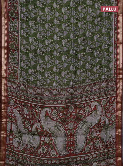 Semi maheshwari cotton saree sap green and rust shade with allover prints and zari woven border