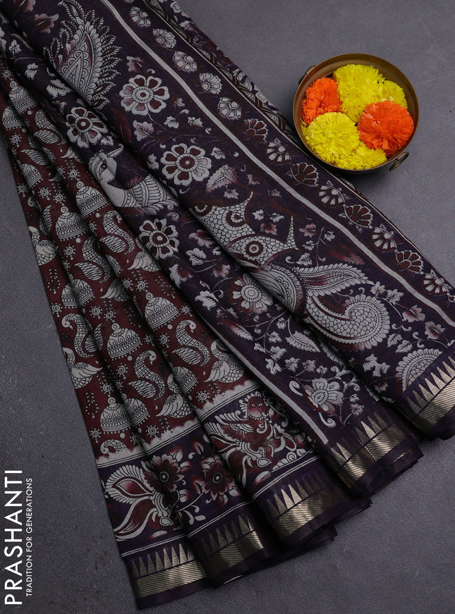 Semi maheshwari cotton saree deep maroon and deep jamun with allover prints and zari woven border