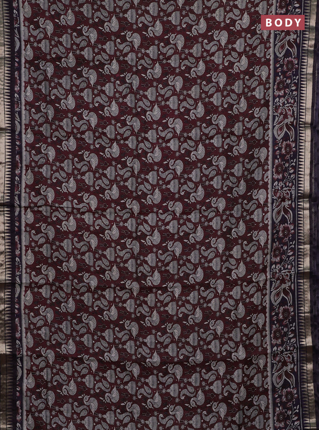 Semi maheshwari cotton saree deep maroon and deep jamun with allover prints and zari woven border