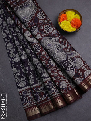 Semi maheshwari cotton saree deep jamun and deep maroon with allover prints and zari woven border