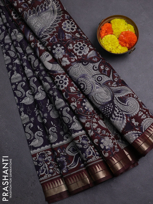 Semi maheshwari cotton saree deep jamun and deep maroon with allover prints and zari woven border