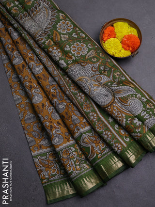 Semi maheshwari cotton saree mustard yellow and sap green with allover prints and zari woven border