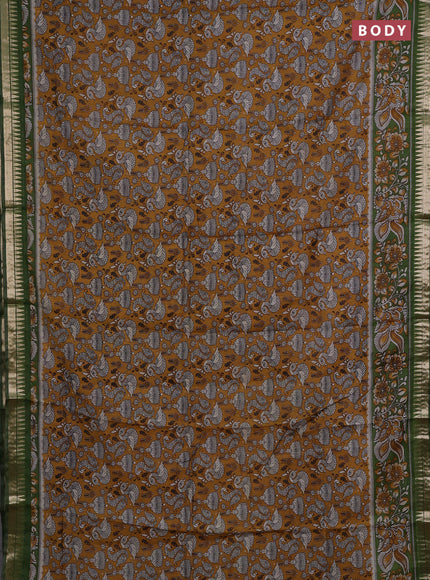 Semi maheshwari cotton saree mustard yellow and sap green with allover prints and zari woven border