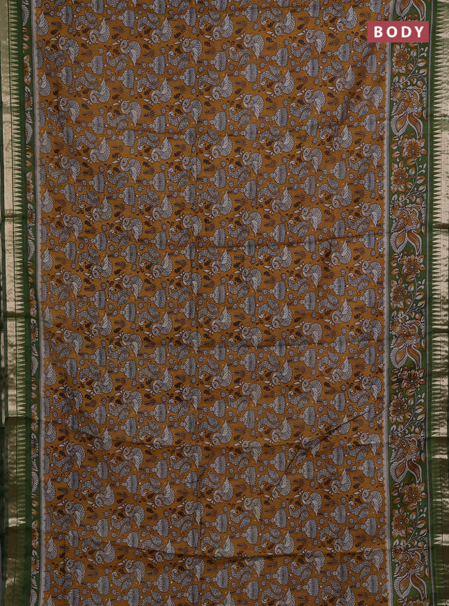 Semi maheshwari cotton saree mustard yellow and sap green with allover prints and zari woven border
