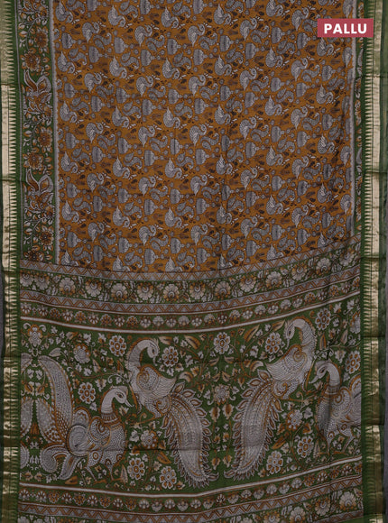 Semi maheshwari cotton saree mustard yellow and sap green with allover prints and zari woven border