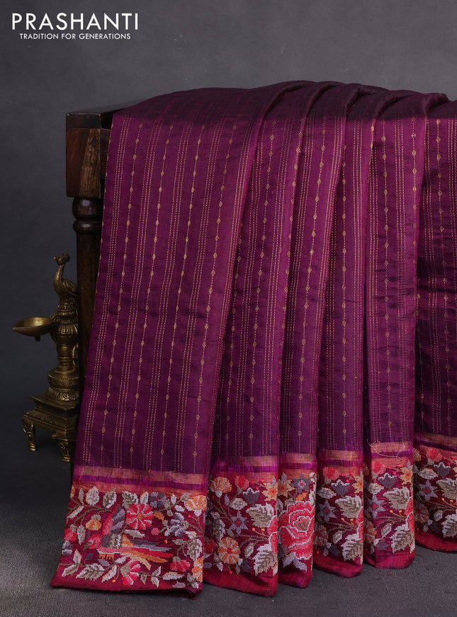 Pure dupion silk saree purple and dark magenta pink with allover zari weaves and parsi work border