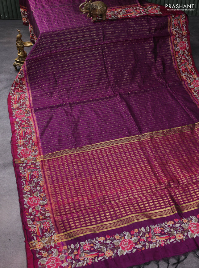Pure dupion silk saree purple and dark magenta pink with allover zari weaves and parsi work border