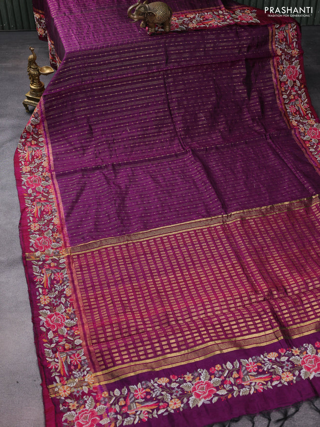 Pure dupion silk saree purple and dark magenta pink with allover zari weaves and parsi work border